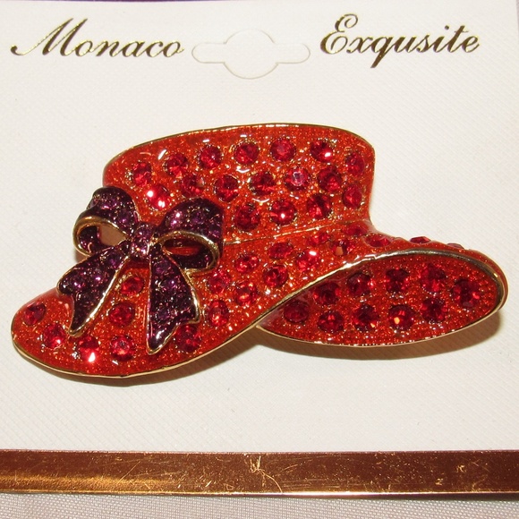 Exquisite Red Hat Brooch Rubies Rhinestones - Picture 2 of 4